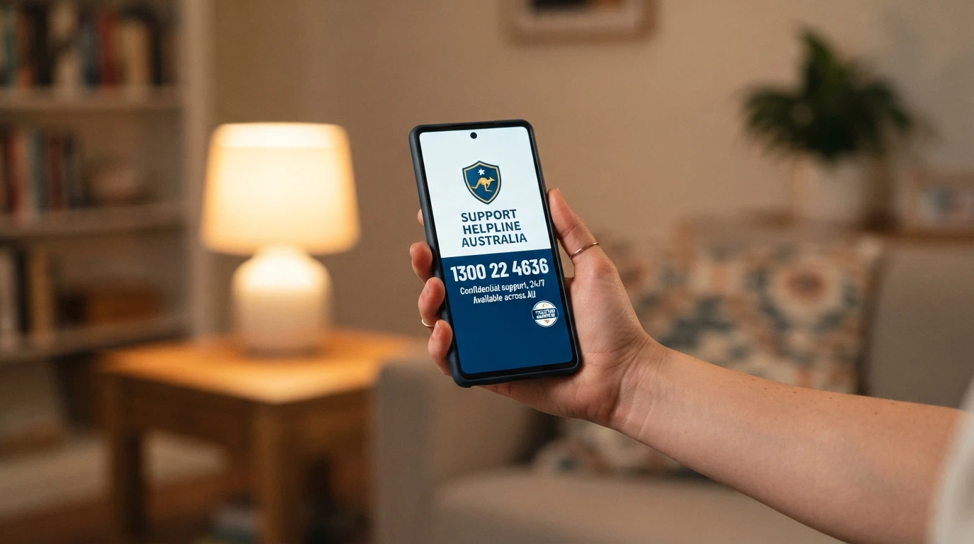 A phone screen showing the National Gambling Helpline number 1800 858 858 in large type, with the Gambling Help Online logo and a 24/7 badge beneath it