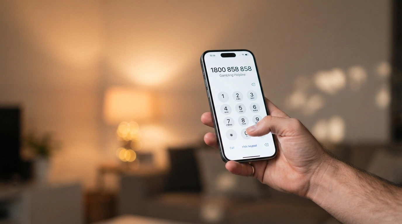 A close-up of a phone keypad with 1800 858 858 partially dialled, warm lighting