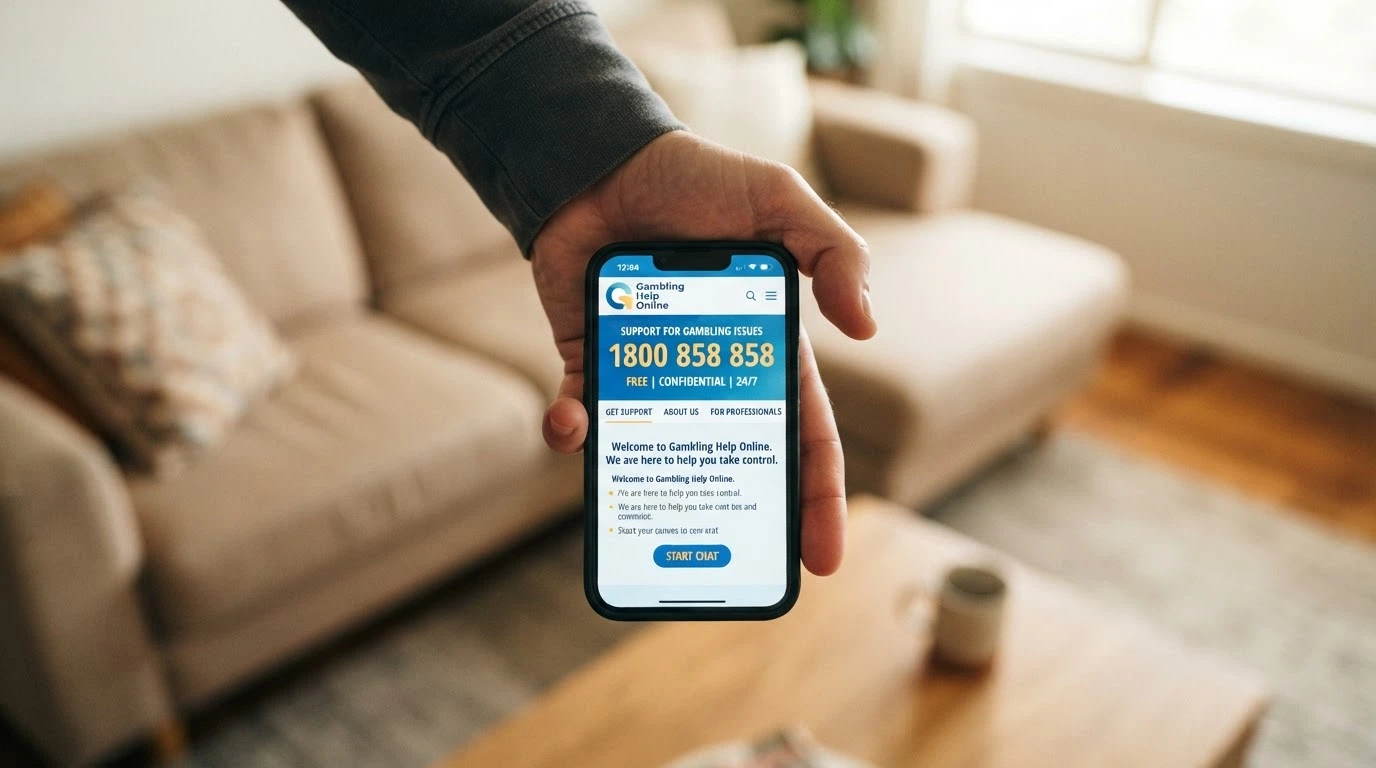 A phone screen showing the Gambling Help Online homepage with the 1800 858 858 helpline number prominent