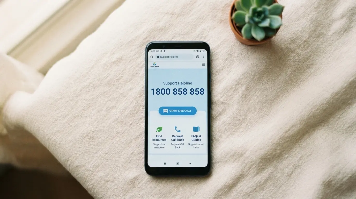 An Android phone displaying the Gambling Help Online homepage with the 1800 858 858 helpline number prominent on screen