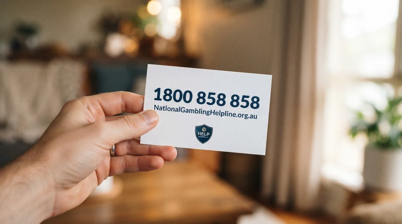 A close-up of a support-resource card bearing the National Gambling Helpline number 1800 858 858, the Gambling Help Online URL and the BetStop logo, held against a soft-focus background