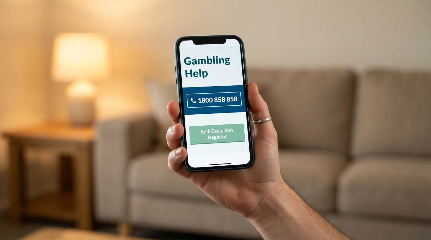 A close-up of a smartphone screen showing the Gambling Help Online homepage with the 1800 858 858 number prominently displayed, with the BetStop logo beside it