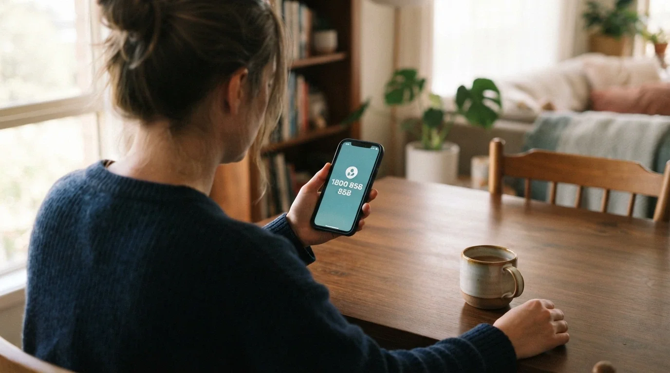 A person holding a phone displaying the number 1800 858 858 with the BetStop logo and a take-a-break button visible on screen