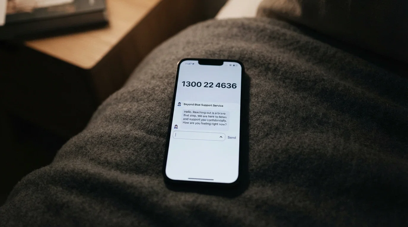 A close-up of a phone screen showing the 1800 858 858 number beside a Gambling Help Online chat window, in a calm low-light setting