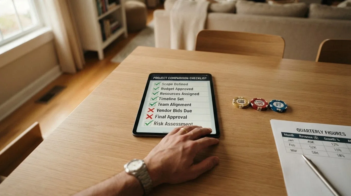 An Australian player reviewing a comparison checklist on a tablet, with casino chips, a withdrawal-cap table and bonus terms visible in the frame