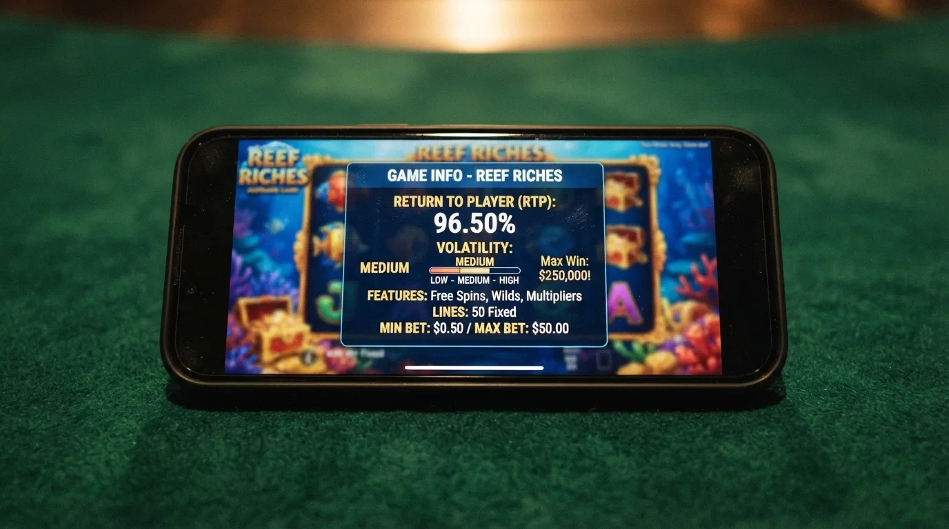 A pokies game screen showing the information panel with the RTP percentage visible
