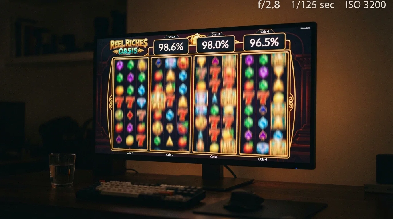 A colourful arrangement of online pokie reels in mid-spin, with RTP percentages floating above three of the titles — the visual suggesting choice among data-backed options