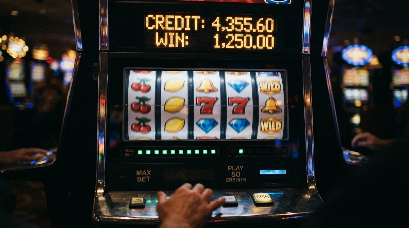 A close-up of a pokie machine display showing five reels mid-spin with max-bet indicators lit and a progressive jackpot counter above
