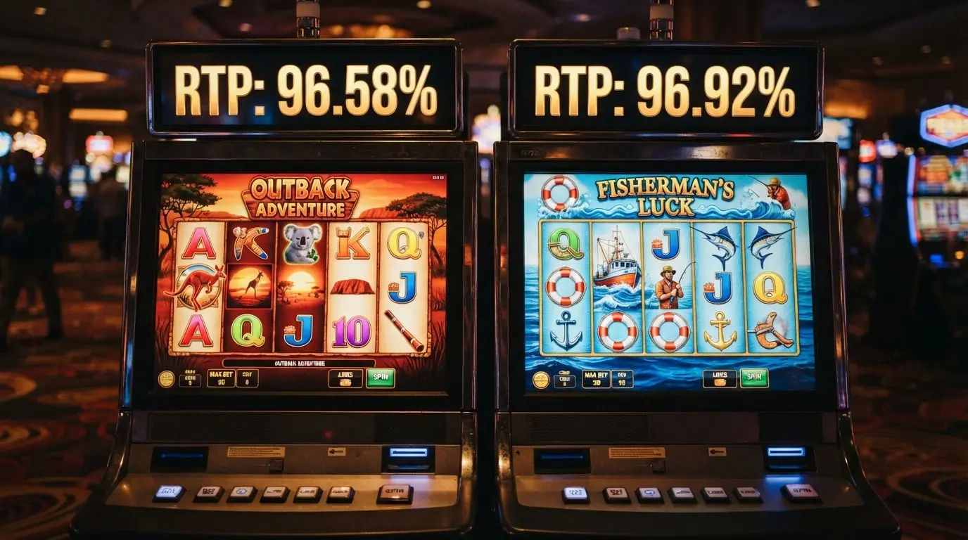 Big Red and Let's Go Fish'n title screens with their RTP percentages highlighted