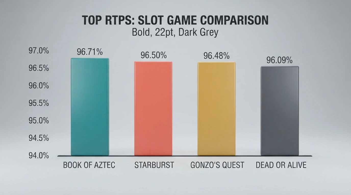 A chart or visual comparison of four online slot titles with their RTP percentages, volatility ratings and max-win multiples