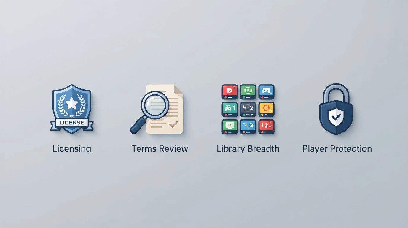 A clean visual showing evaluation criteria icons — a licence badge, a magnifying glass over T&Cs, a game-library icon and a safety-shield symbol