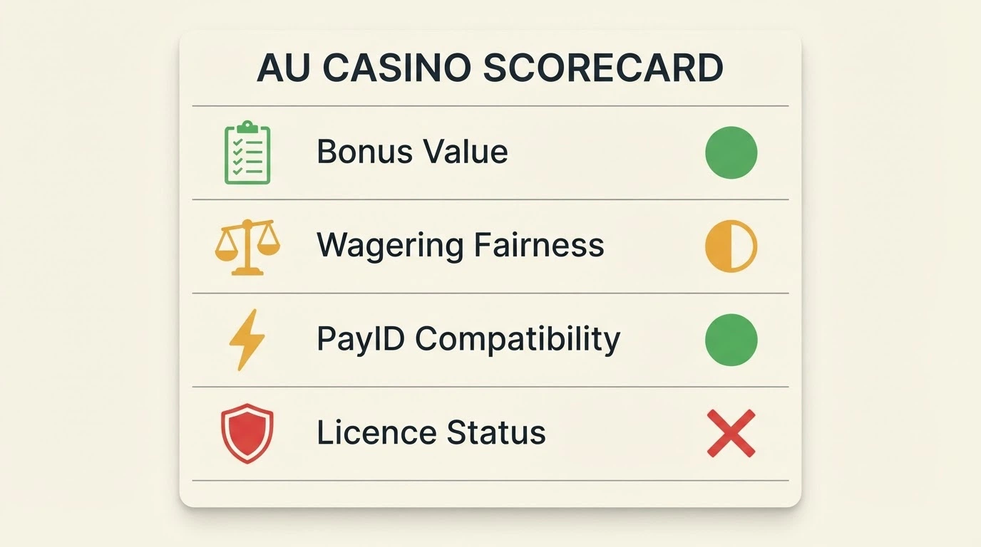A checklist or scorecard visual with criteria labels — bonus value, wagering fairness, PayID compatibility, licence status — each marked with a tick or cross