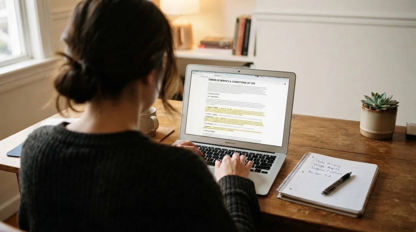 An Australian player sitting at a laptop with a notepad, the screen showing bonus terms and conditions with key clauses highlighted