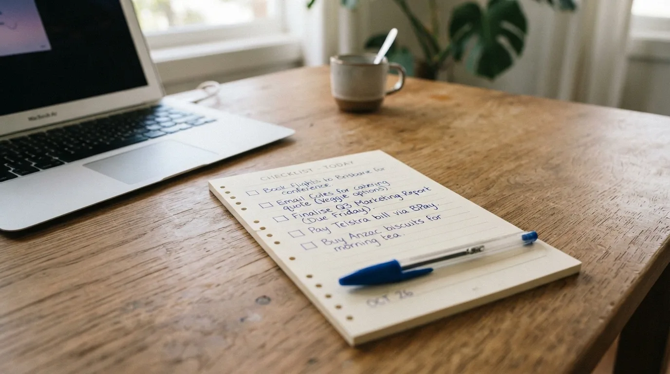 A handwritten checklist on paper beside a laptop, with items legible in the frame