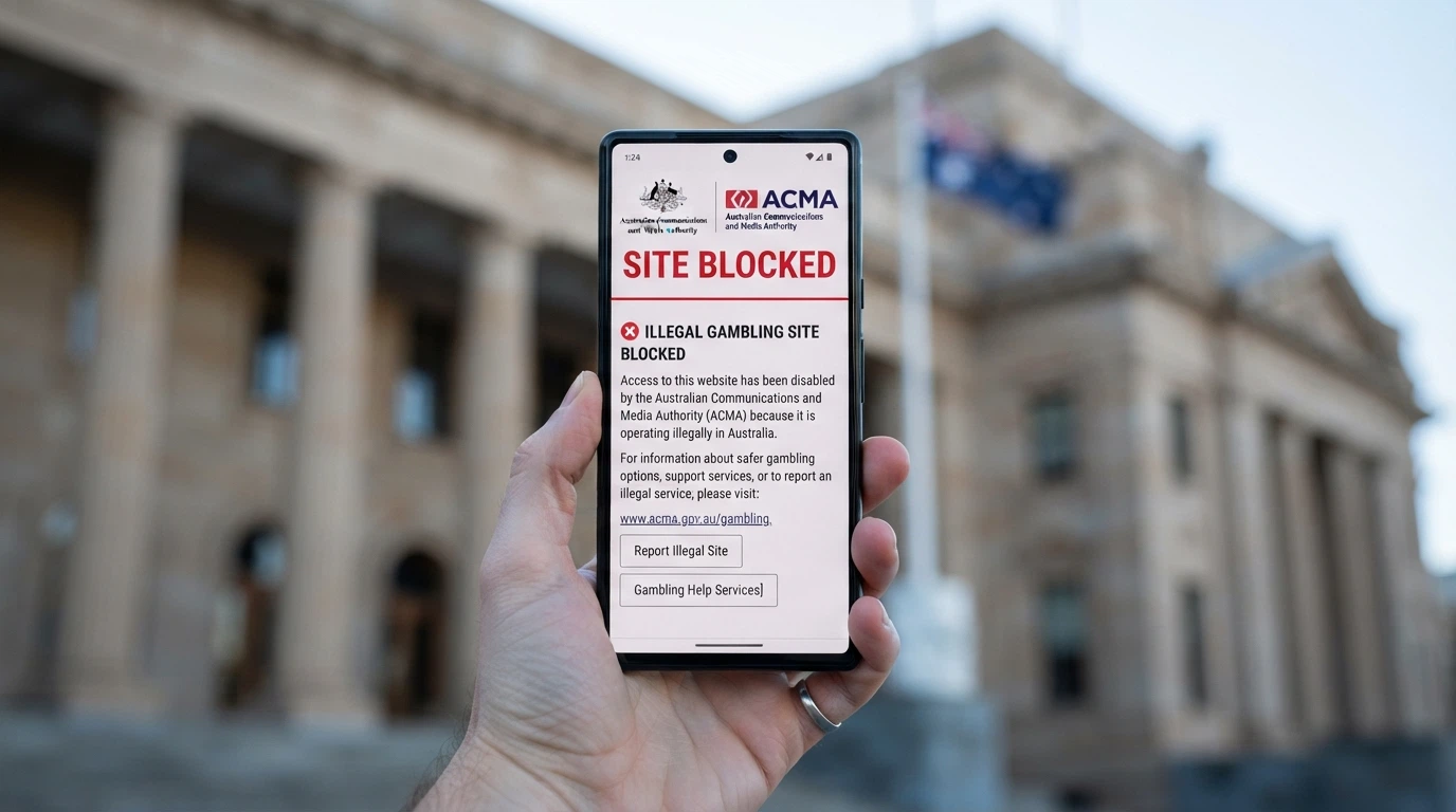 A smartphone displaying the ACMA website's blocked-sites notice on its screen, held against a background of Australian federal building architecture in soft focus