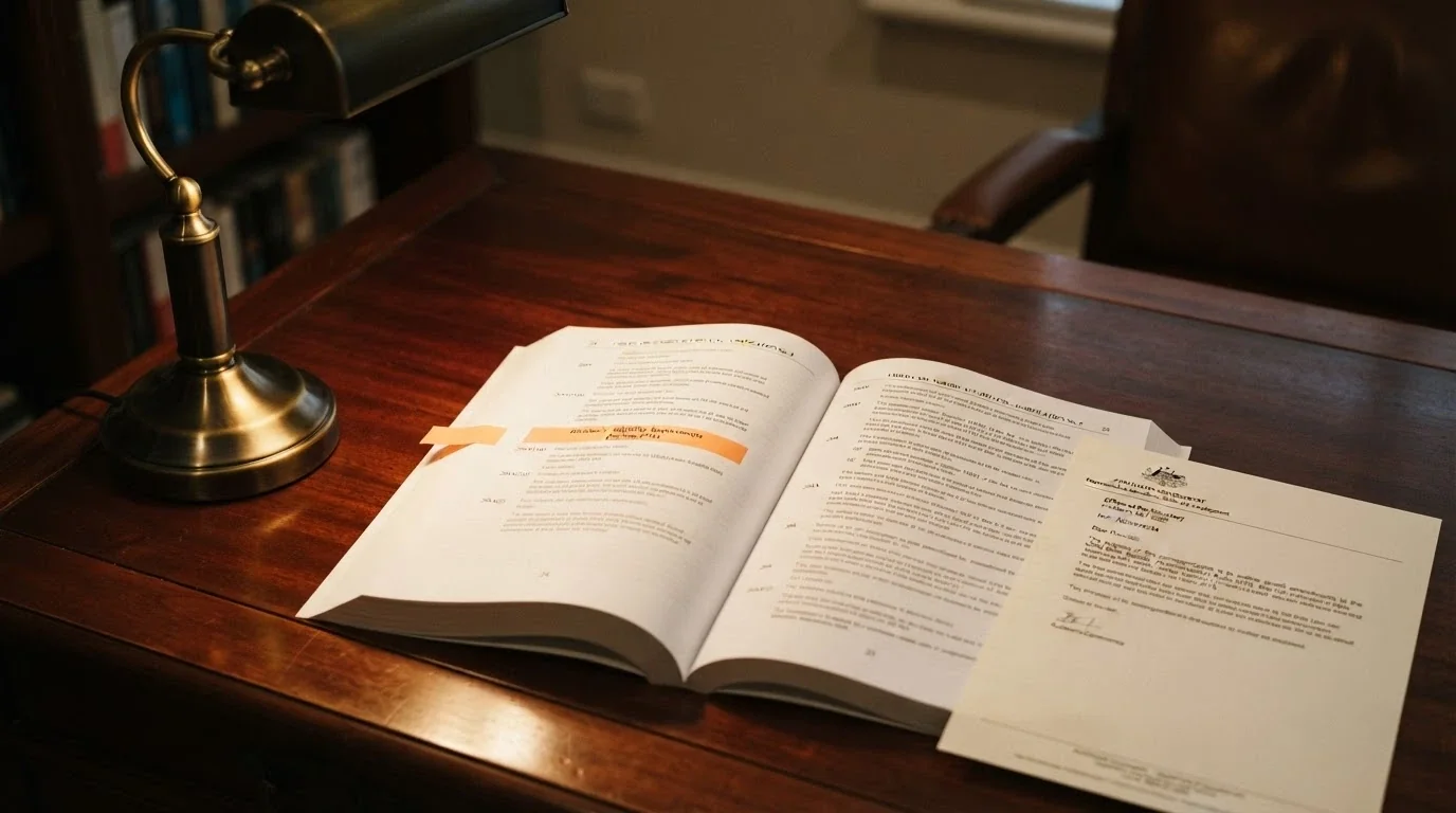 A copy of Australian legislation — the Interactive Gambling Act 2001 — open on a desk, the relevant section bookmarked, with the ACMA logo visible on an accompanying document