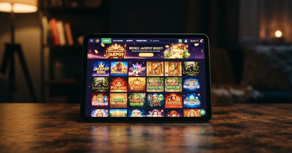 An iPad displaying a casino game lobby in Safari, with pokies thumbnails visible on a bright Retina screen, held in two hands against a plain background