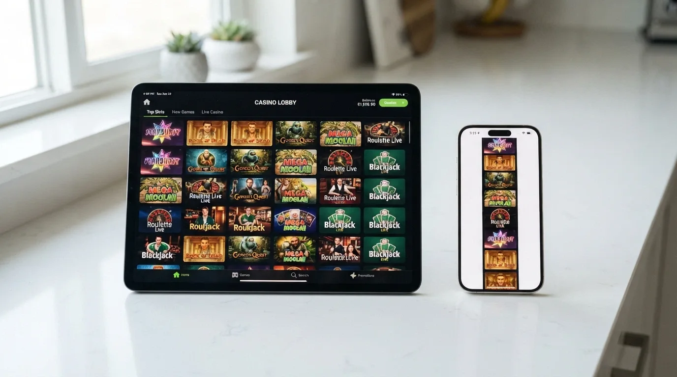 Side-by-side comparison of the same casino site on an iPad and an iPhone, with the iPad showing a full game grid and the iPhone showing a cramped single-column layout