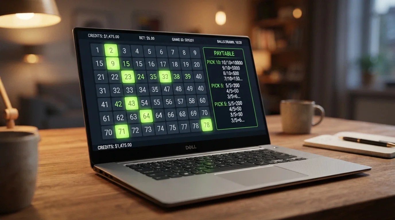A close-up of an online keno interface showing a player selecting numbers on an 80-number grid with a paytable displayed alongside