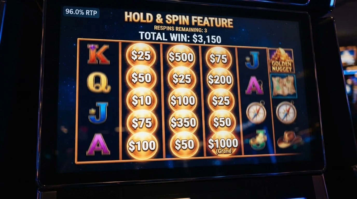 A close-up of a pokies screen showing the Lightning Link Hold & Spin feature active, with the RTP percentage displayed as an overlay