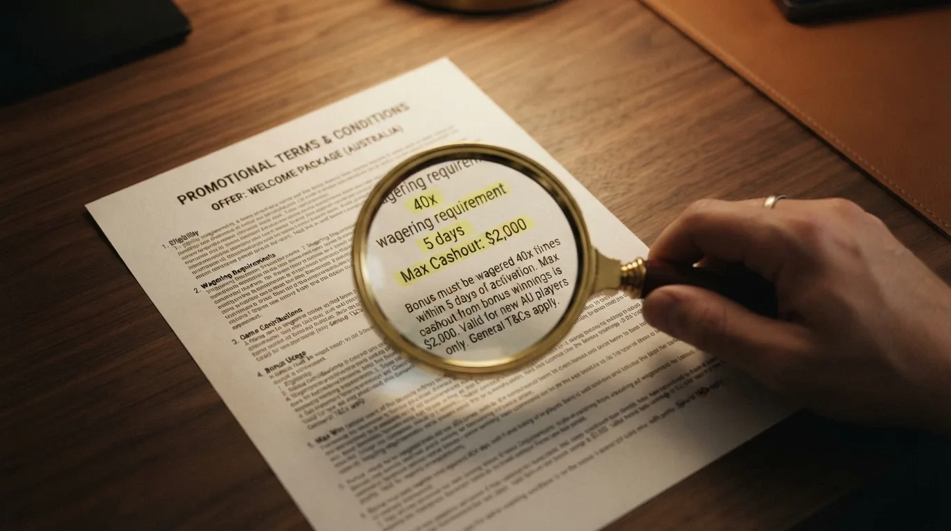 A magnifying glass hovering over printed casino bonus terms, with the wagering requirement, validity period and max cashout figures highlighted in a different colour