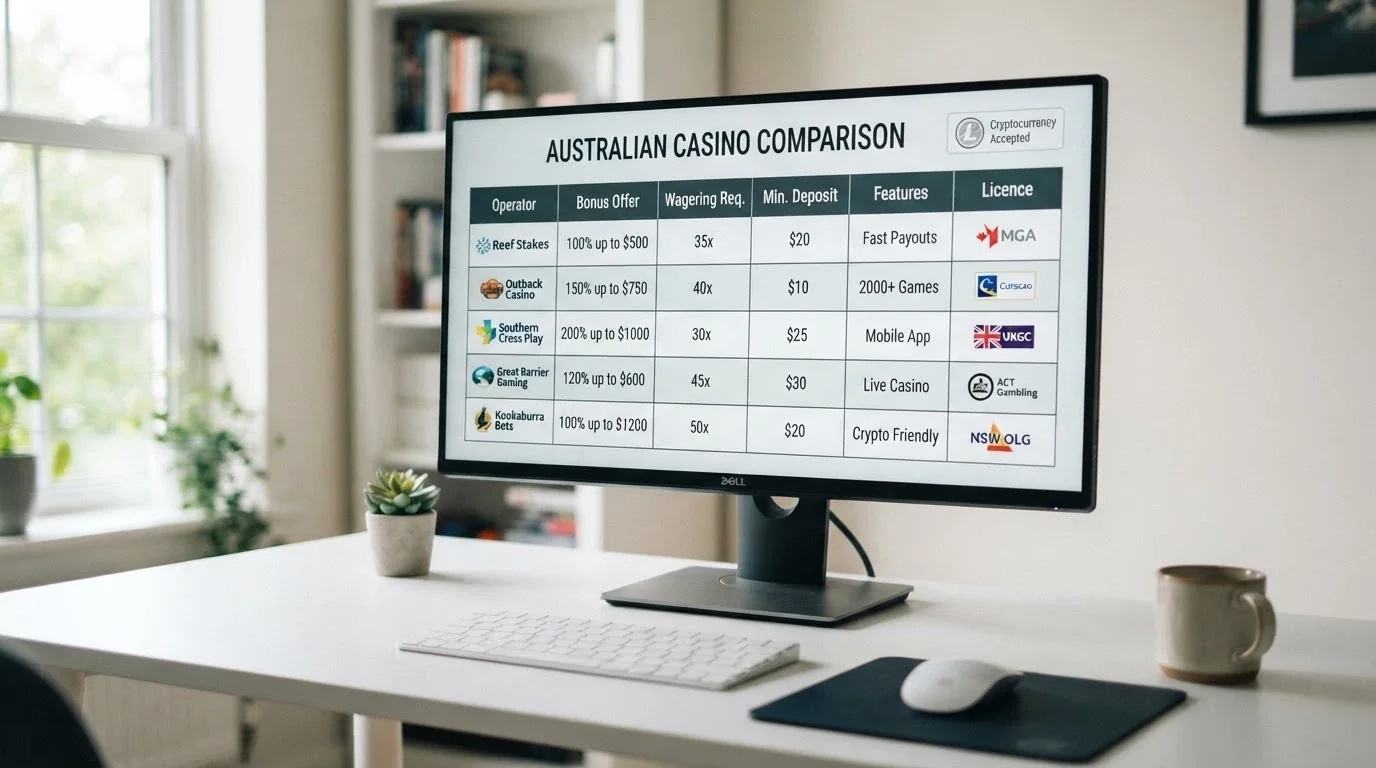 A desktop screen showing a structured comparison layout — bonus percentages, wagering figures, licence badges arranged in a clean grid, with a Litecoin symbol in the corner