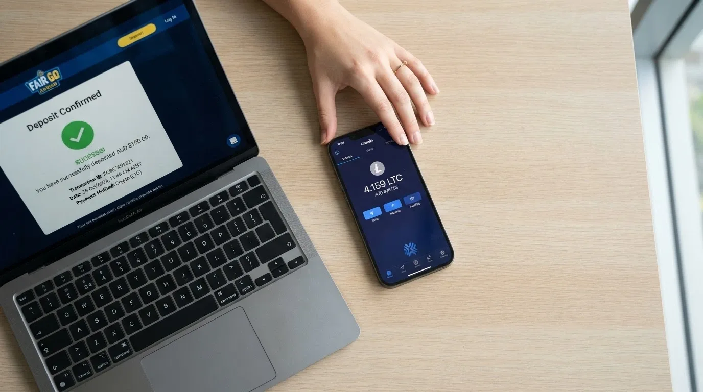 A smartphone held in one hand showing a crypto wallet with a Litecoin balance, and a laptop screen beside it displaying a casino deposit confirmation — the two devices connected by the transaction flow