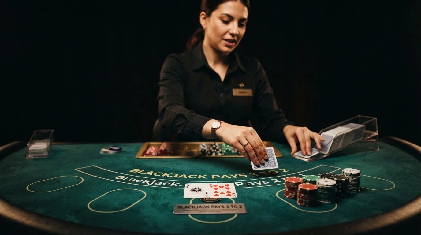 A live blackjack table with a real dealer dealing cards, the felt and shoe visible in crisp HD