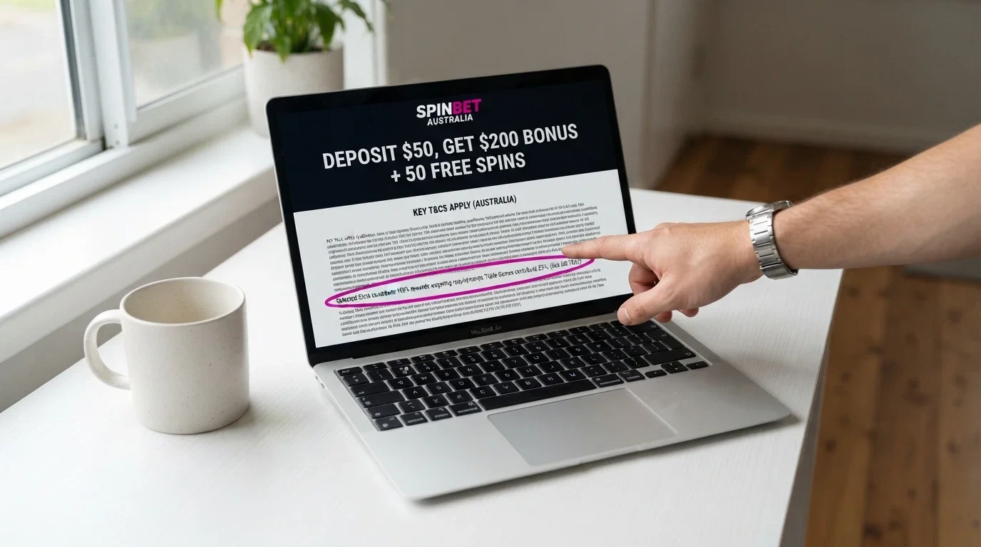 A casino welcome bonus offer displayed on screen with the terms and conditions section highlighted