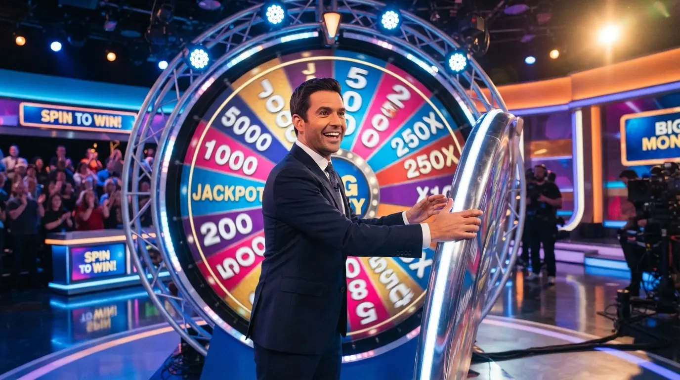 A live casino game show studio with a large spinning wheel, bright lights and a presenter at the centre