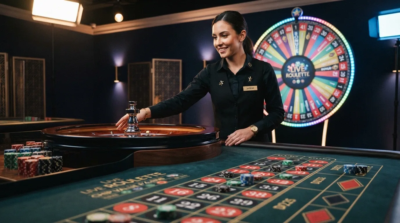 A live-dealer studio setup with a human dealer at a roulette wheel and a game-show-style wheel (like Crazy Time or Lightning Roulette) visible in the background