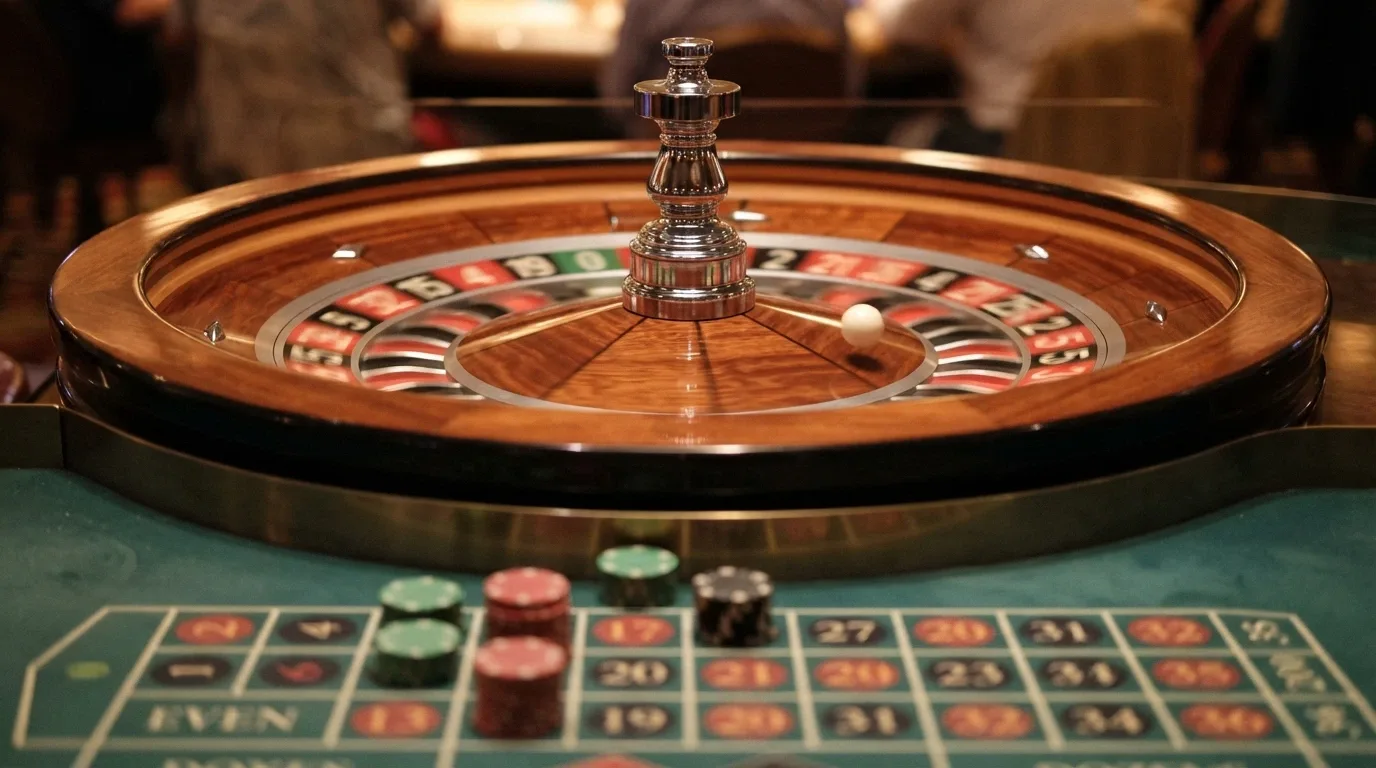 A close-up of a European roulette wheel spinning during a live dealer stream with the betting grid visible