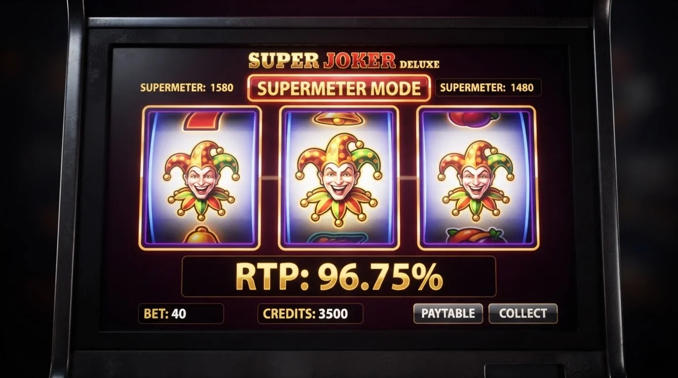 The Mega Joker slot interface with the supermeter mode active, showing the 99% RTP return and the joker symbols on the reels