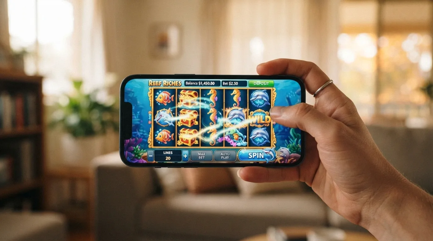 A hand holding a smartphone in landscape mode with a pokies game spinning, a deposit button visible at the top of the screen