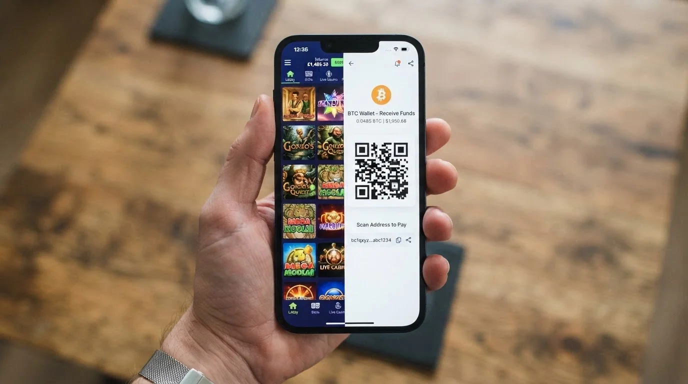 A smartphone in hand showing a casino game lobby on one side and a crypto wallet QR code on the other, illustrating the browser-based mobile flow