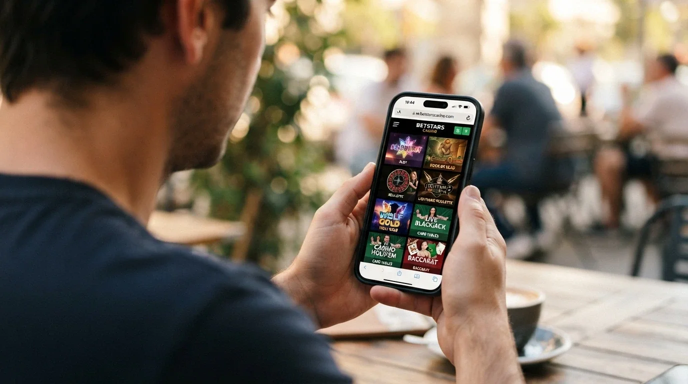 A hand holding a phone displaying a casino website open in a mobile browser, with no app-store icon or download badge visible anywhere on the screen