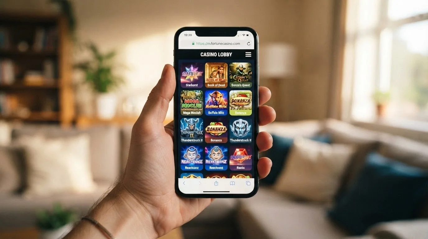 A smartphone held in one hand showing a browser-based casino game lobby with pokies thumbnails arranged in a grid, the browser URL bar visible at the top