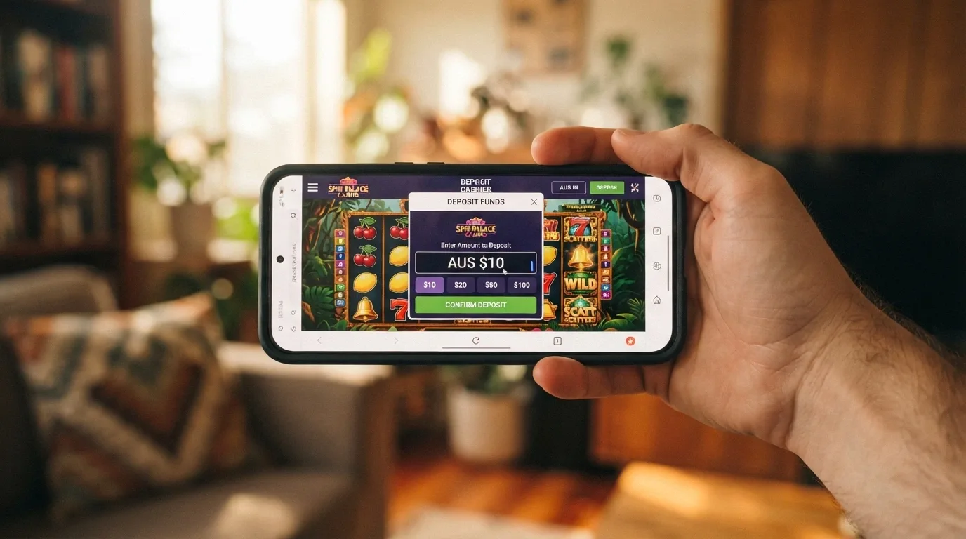 A hand holding a smartphone in landscape orientation showing a browser-based pokies game with the deposit-cashier overlay visible and a $10 amount entered