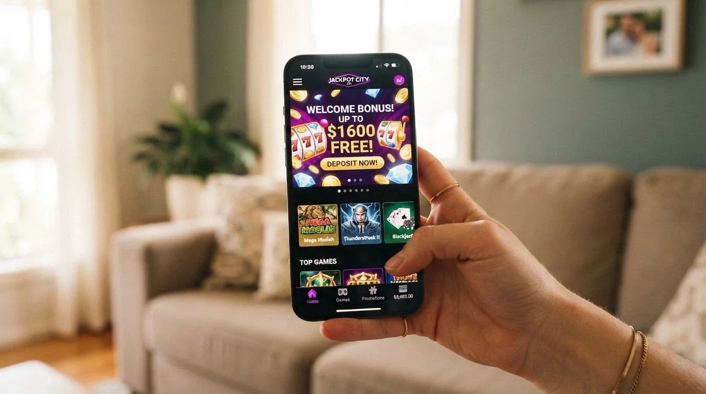 A hand holding a smartphone with a casino app interface showing a free spins promotion banner