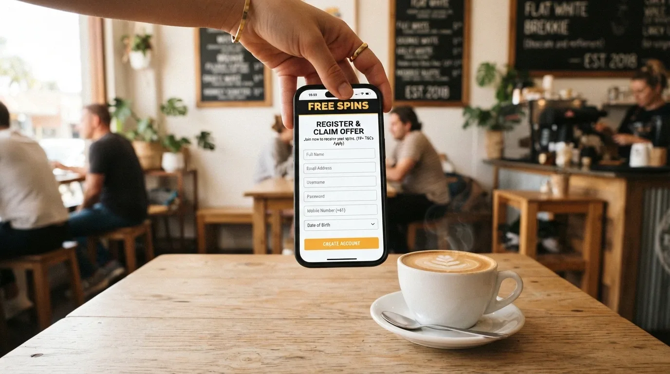 A hand holding a smartphone in portrait orientation, the screen showing a casino registration form with a free-spins bonus banner, a coffee cup on a café table beside it