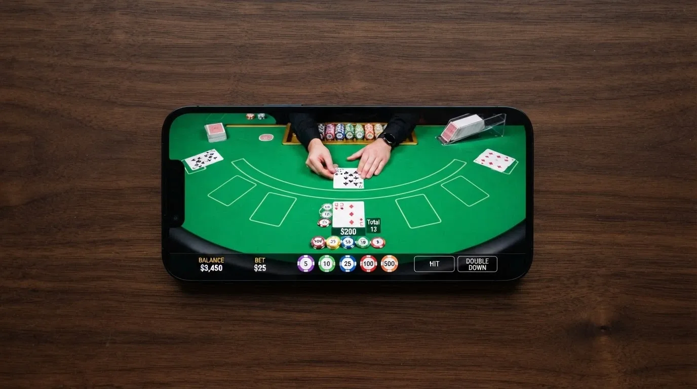A live casino blackjack table displayed on a smartphone screen in landscape orientation with the betting interface visible