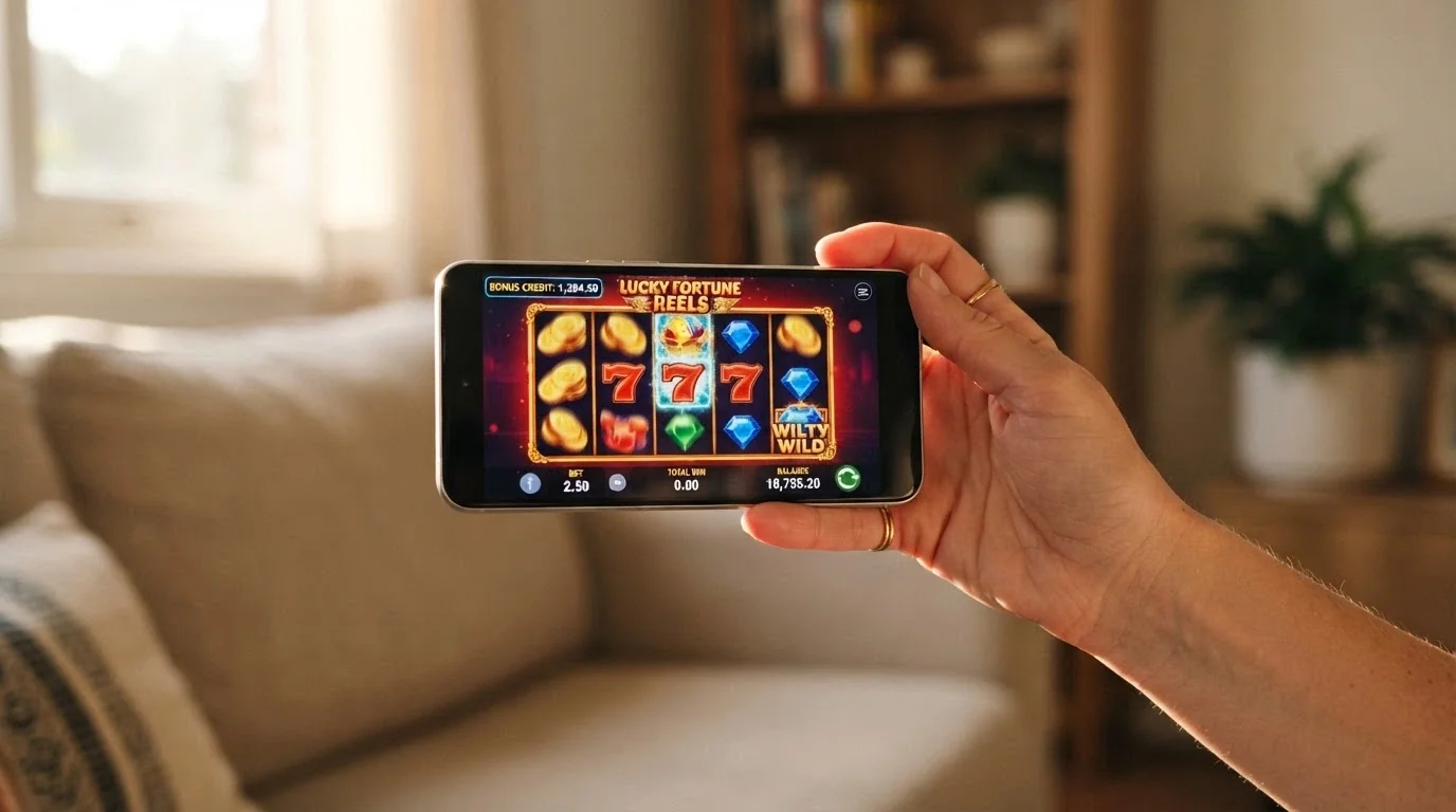 A hand holding a smartphone in landscape mode displaying a colourful pokies game spinning, with a bonus balance visible at the top of the screen