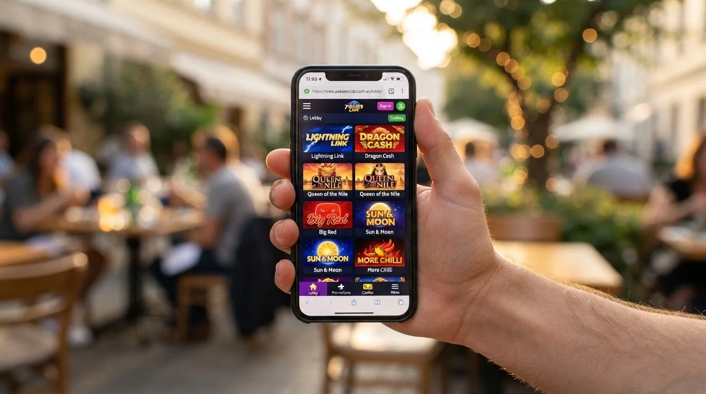 A smartphone held in one hand showing the Pocket Pokies mobile lobby in a browser, with a pokies game loaded and the browser address bar visible at the top