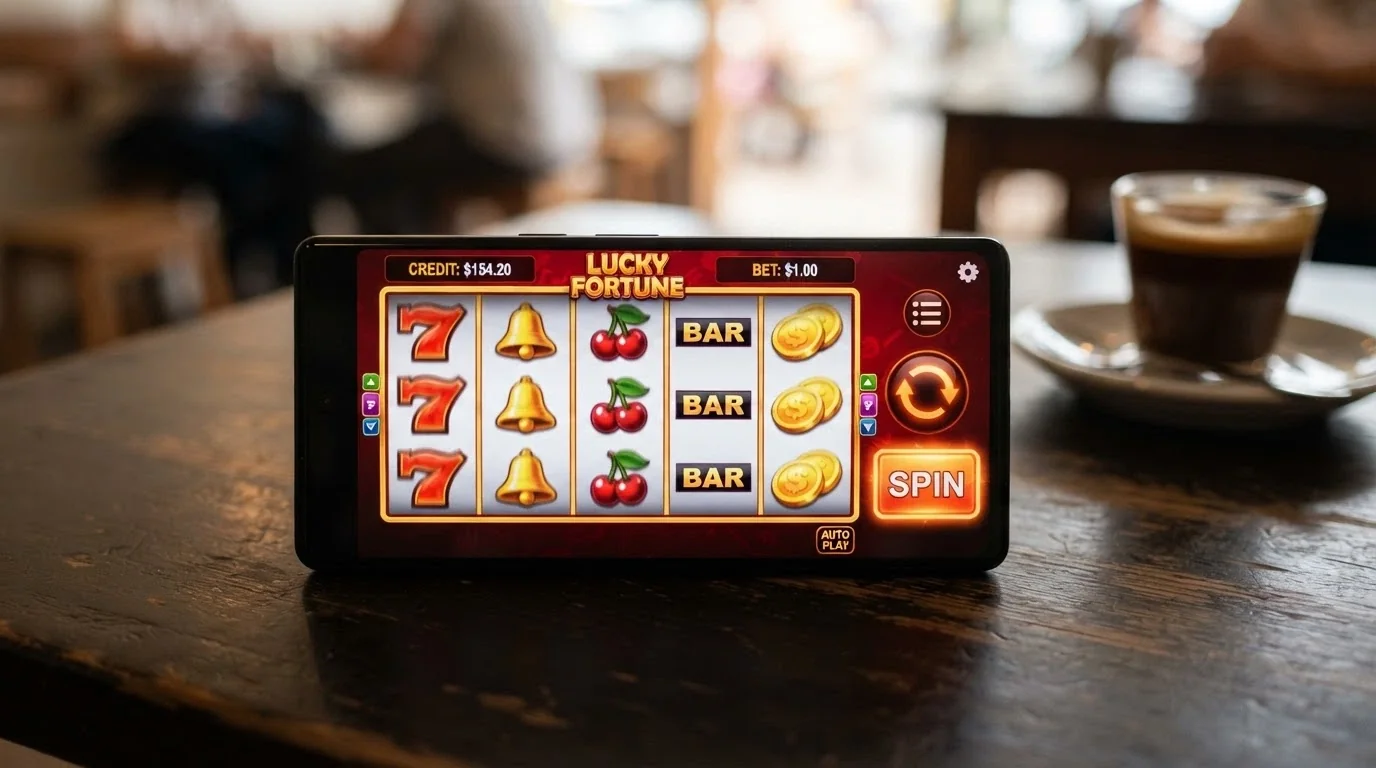 A smartphone in landscape orientation displaying a colourful online pokie game with a A$0.10 spin button highlighted