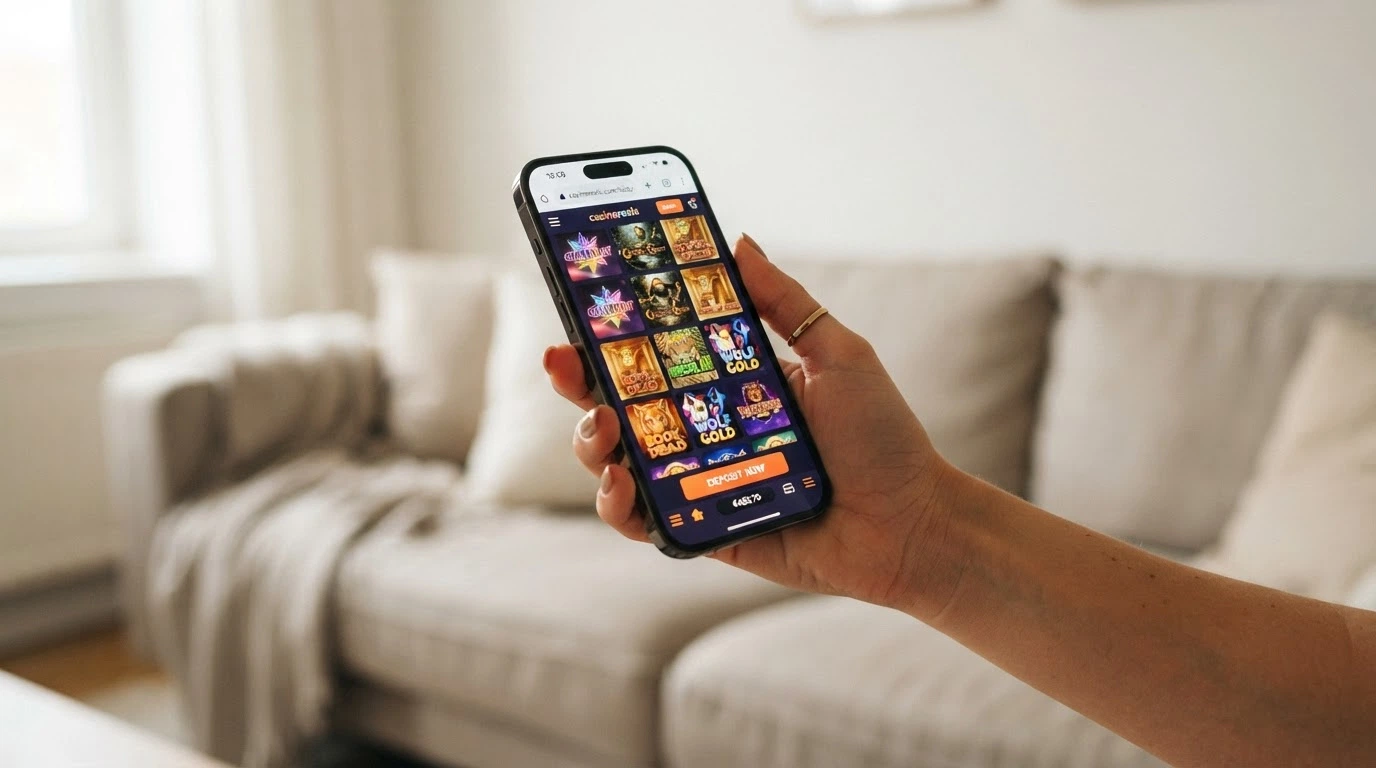 A hand holding a smartphone with a casino game loaded in a mobile browser, the URL bar visible and a USDT deposit button on screen