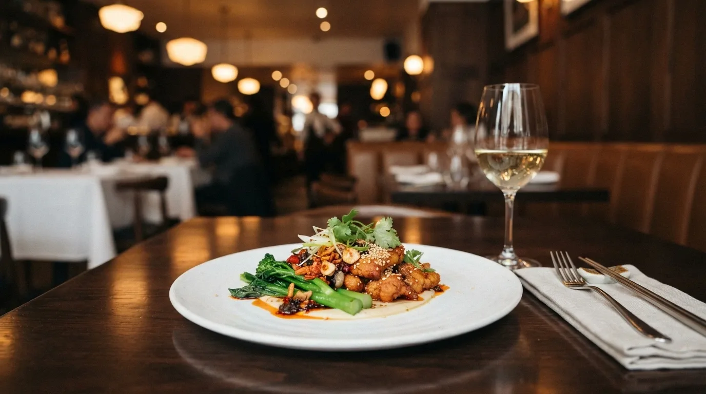Plated dish and interior at Natural Nine restaurant inside Casino Canberra