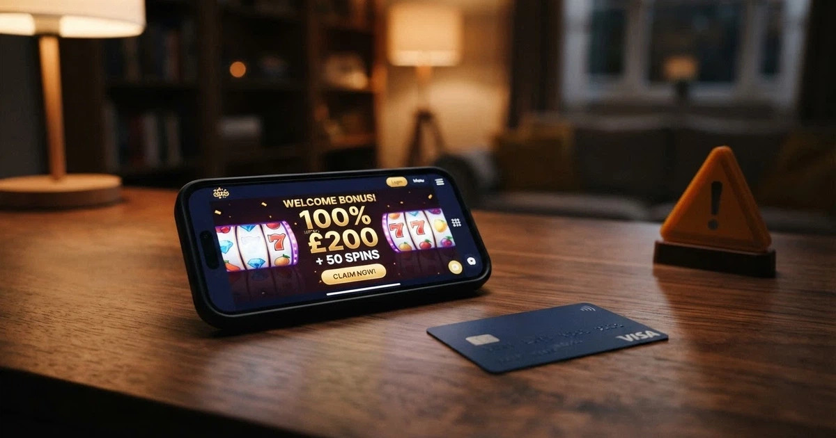 A smartphone screen showing an online casino welcome page with a no deposit bonus offer, with an Australian bank card and a warning icon visible beside it