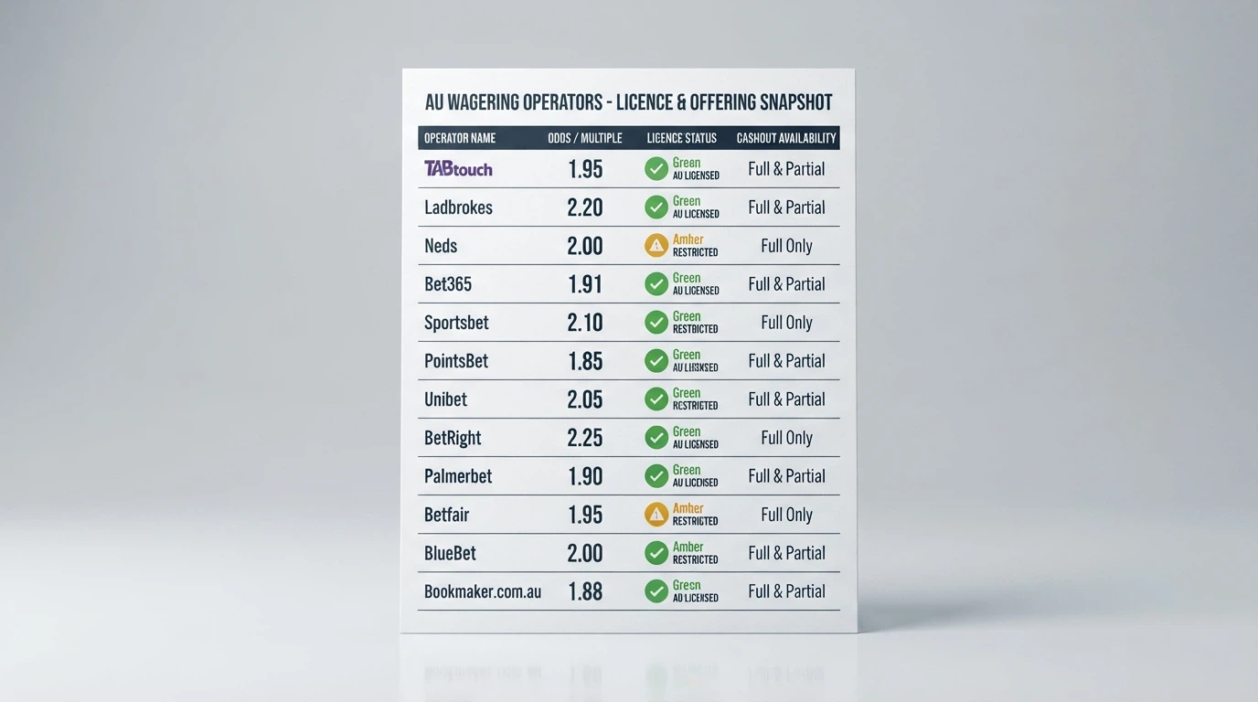 A comparison scorecard layout showing casino names, wagering multiples and licence badges arranged in columns