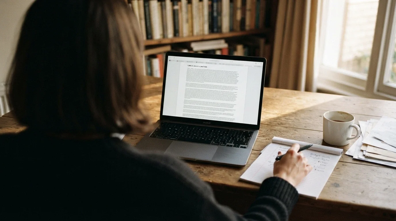 A person at a desk with a laptop open to a casino terms page, one hand on a notepad with figures written down, looking thoughtful
