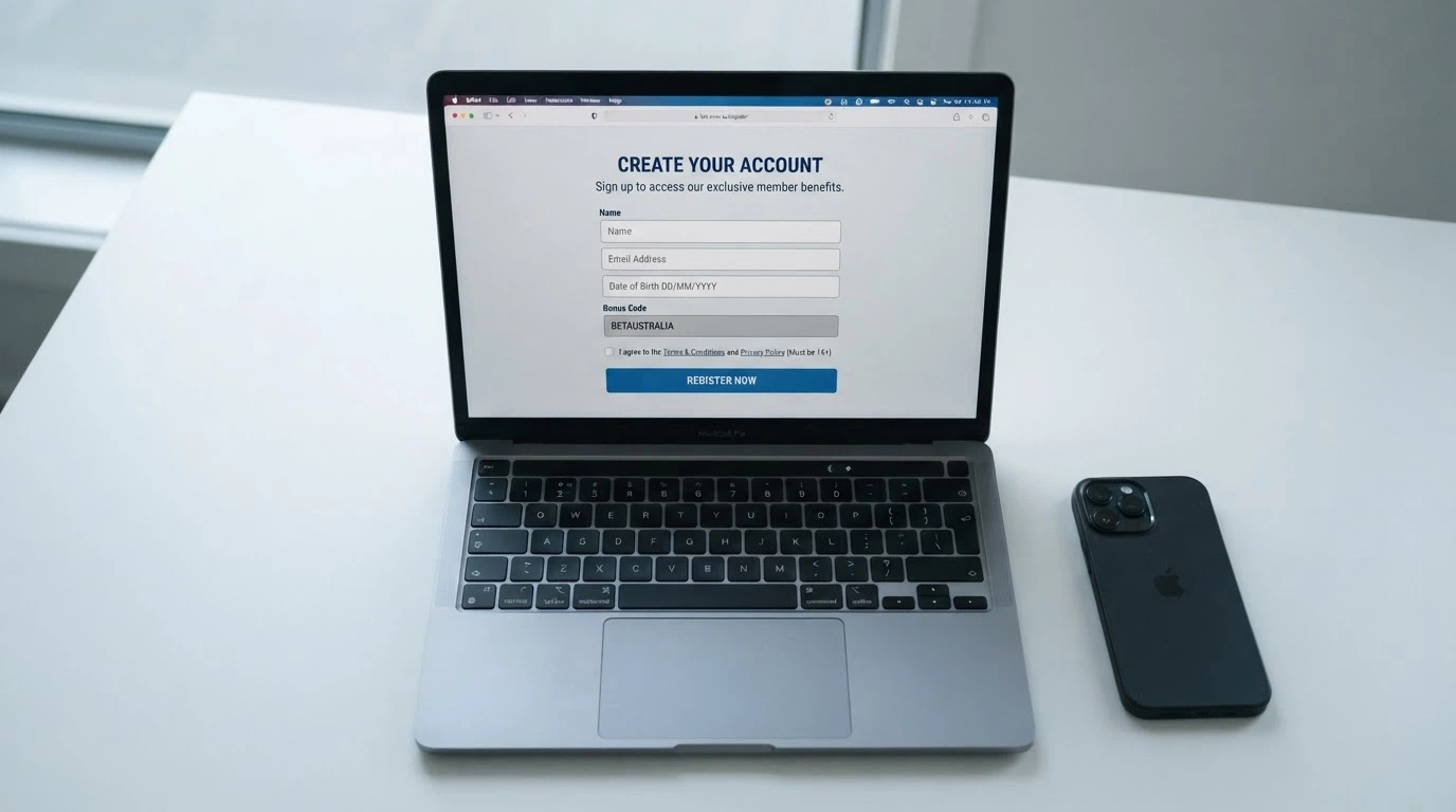 A registration form on a new casino website with empty fields for name, email and date of birth, the “Bonus Code” field pre-filled with a 50-spins promo, and a checkbox for T&Cs acceptance below